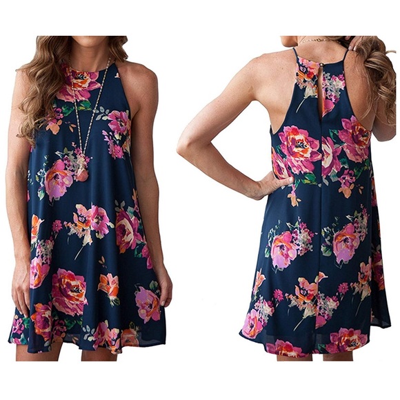 Dresses & Skirts - Navy Blue Floral Chiffon Dress-Medium